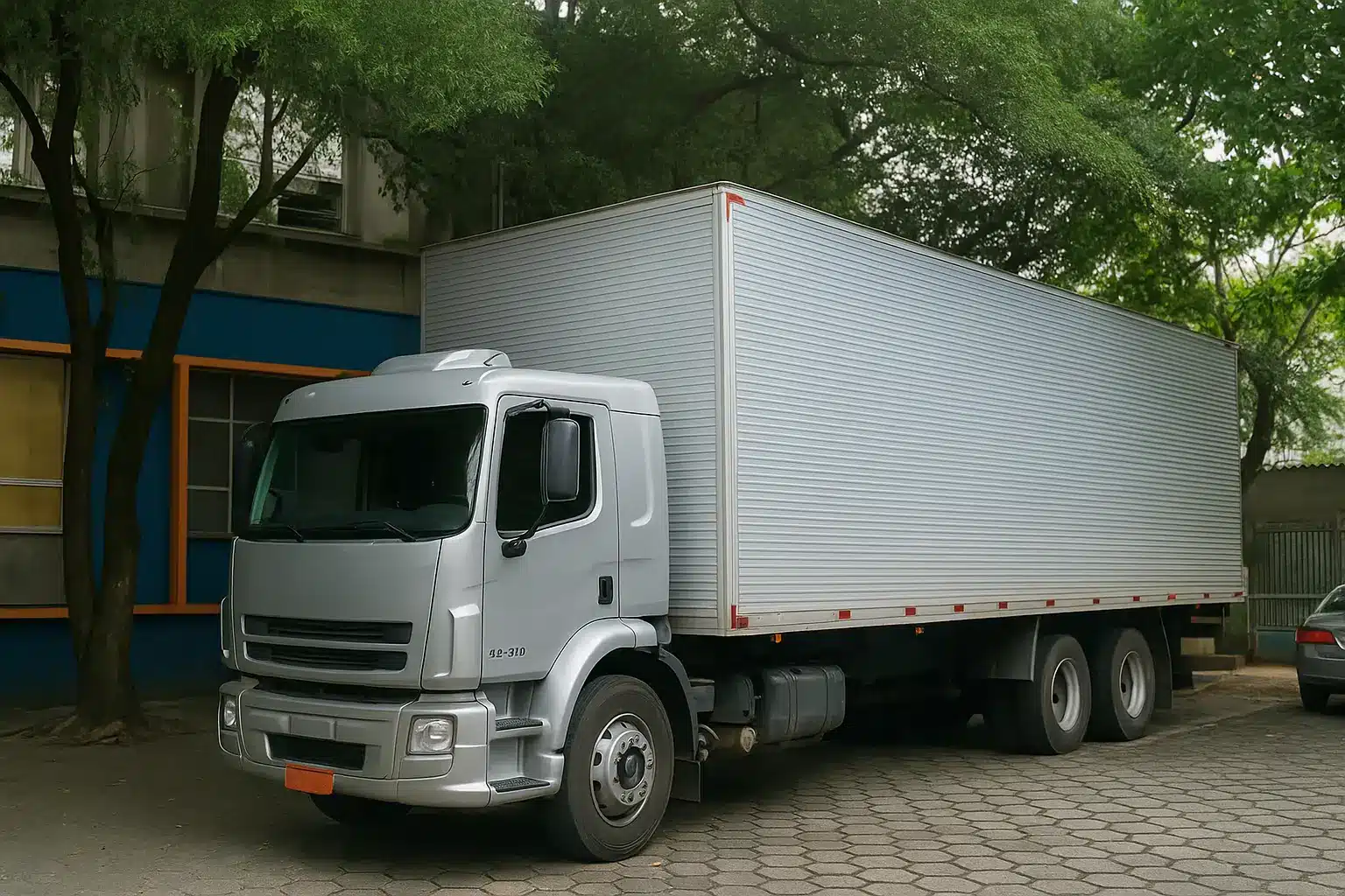 Caminhão de mudança grande estacionado em área arborizada, ao lado de um prédio, pronto para serviço de transporte.