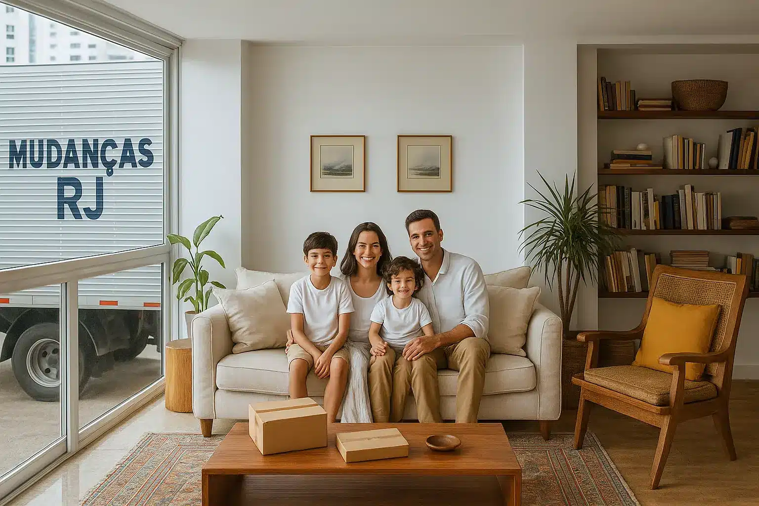 Família sorrindo sentada no sofá da sala em novo apartamento, com caminhão de mudança visível pela janela, transmitindo sensação de mudança concluída com sucesso.